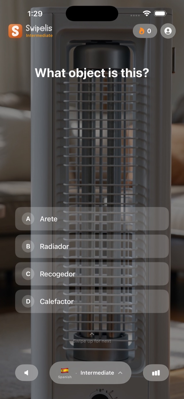 Swipelis feed card asking which word matches the video