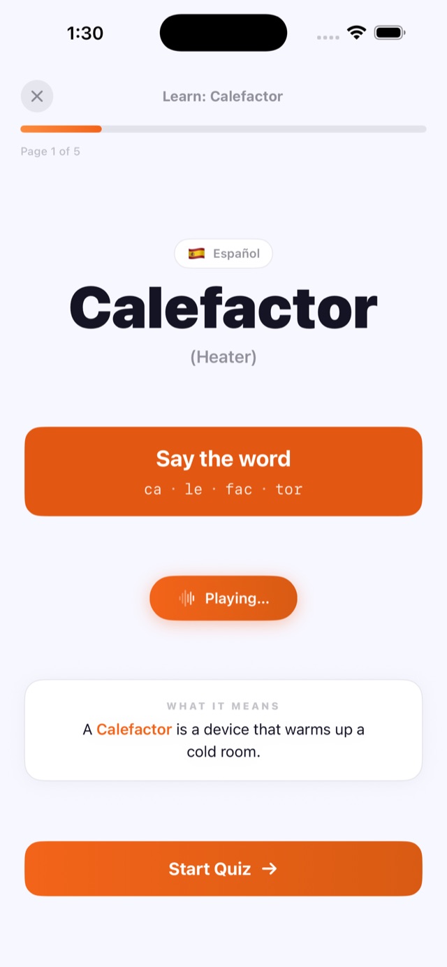 Learn page with the word, pronunciation, and meaning