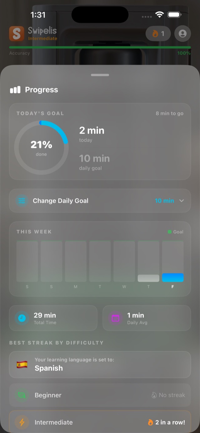 Progress sheet with daily goal and streak